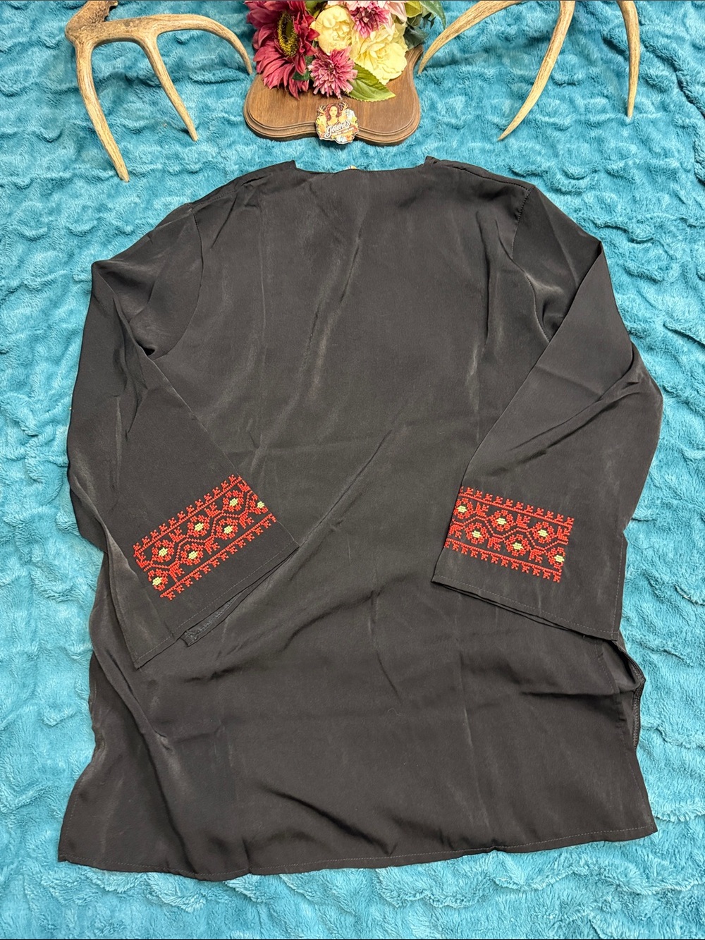 Jerusalem XXL Black Red Embroidered Tunic Top Boho Folk Geometric - Picture 5 of 5